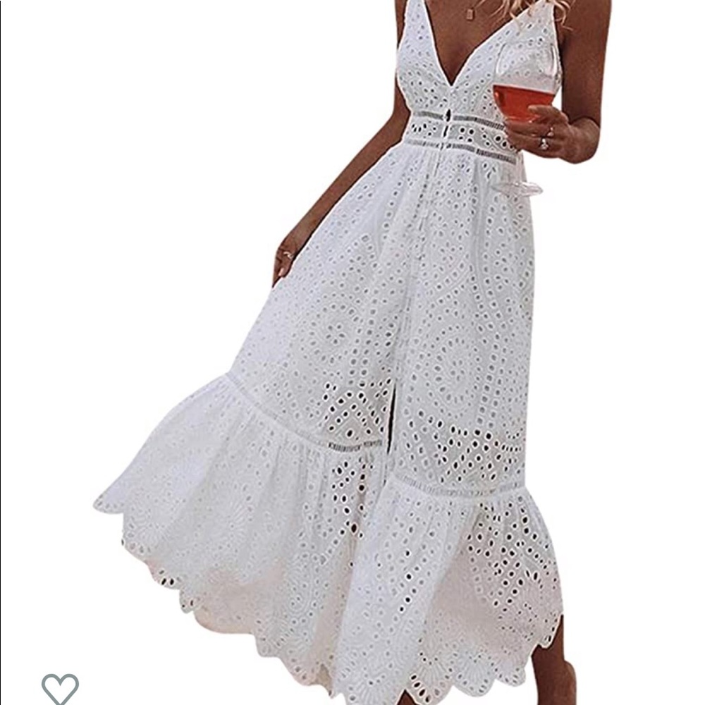 White Embroidery Pearl Button Down Dress